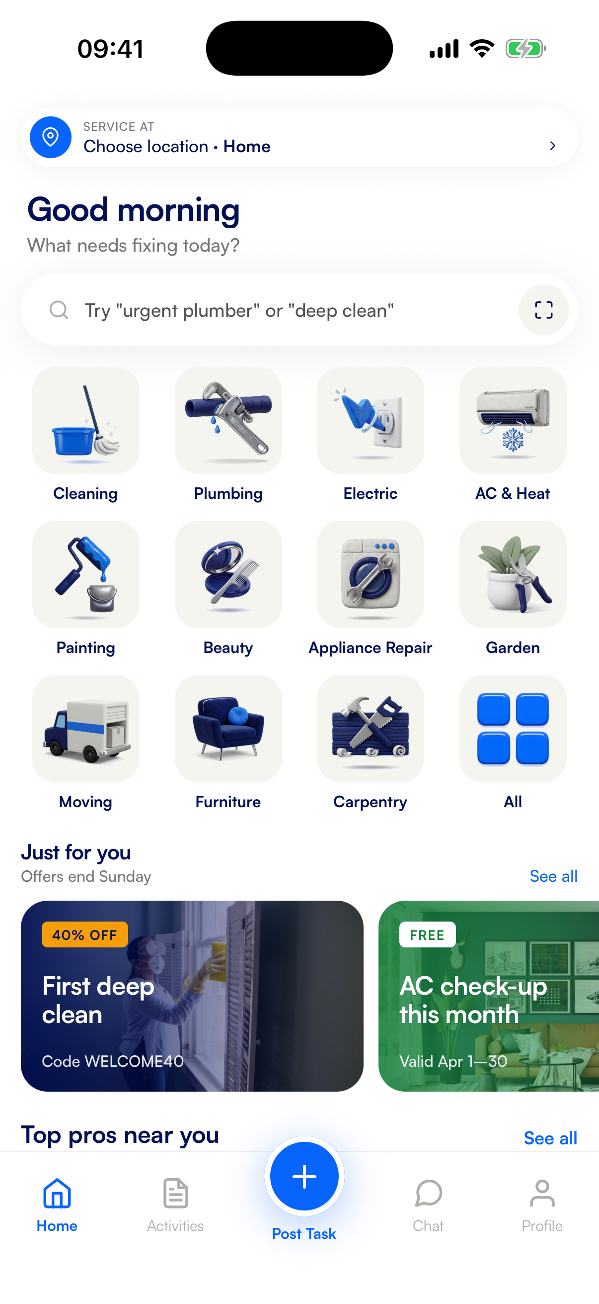 FixPros app for homeowners - book plumbing, cleaning, and home repair services in Morocco